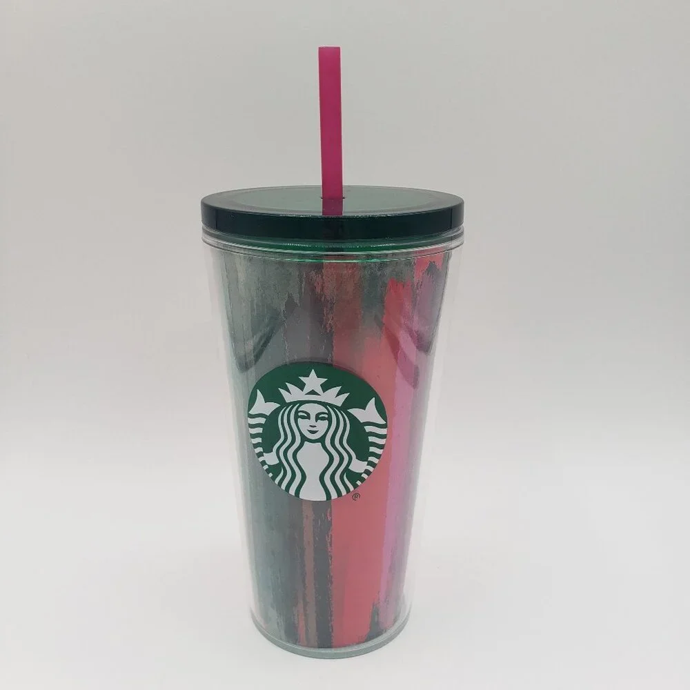 Starbucks Clear Acrylic Tumbler Cup Logo With Red And Green 16oz Green Lid Straw